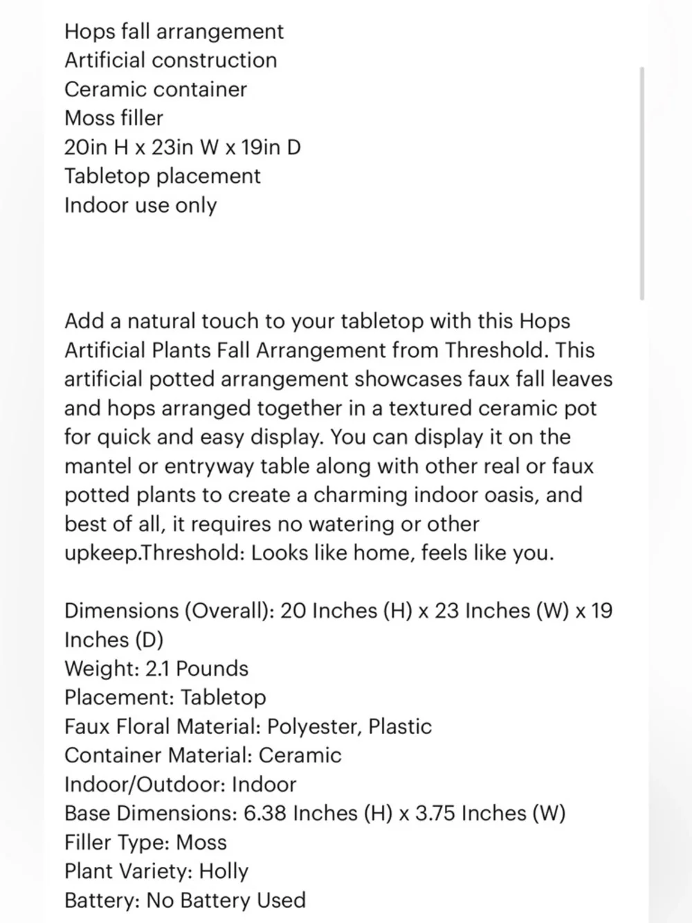 NWT Threshold Hops Artificial Plants Fall Arrangement 12.5 inches